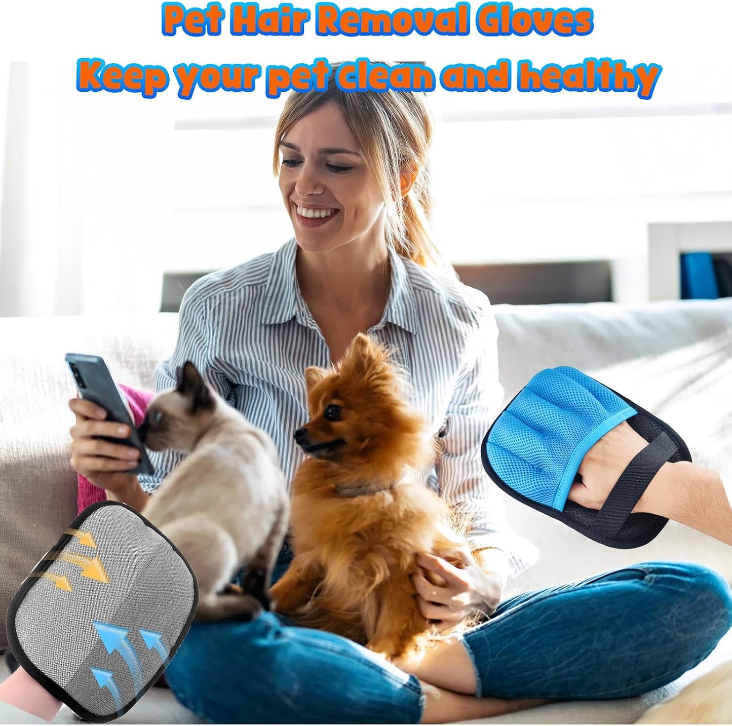 Blue Pet Hair Removal Glove for Dogs & Cats,The Magic Brush Pet Hair Remover,Five-Finger Electrostatic Pet Hair Gloves for Furniture,Car,Couch,Carpet,Essential Pet Supplies
