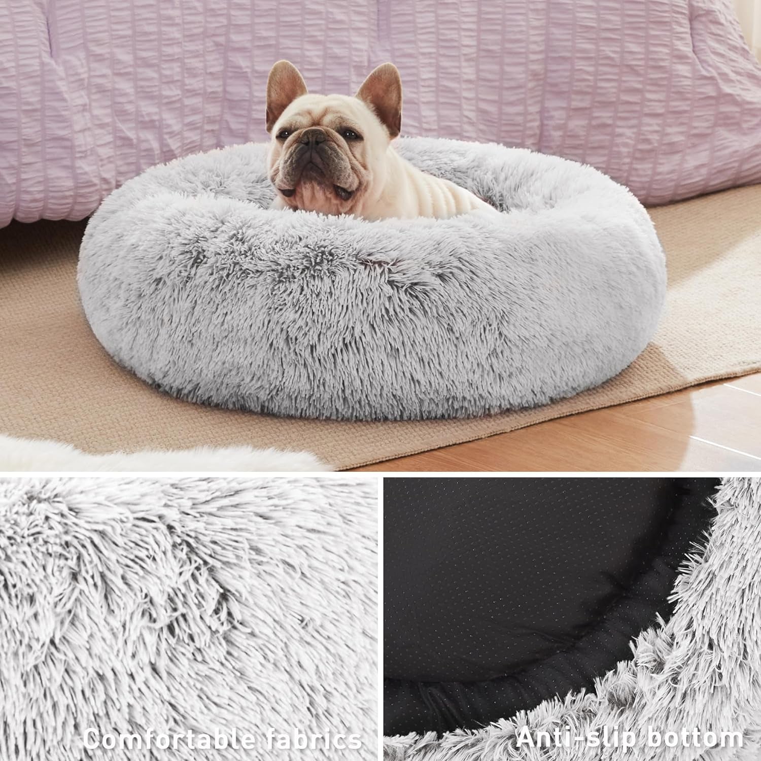 Calming Cat Bed for Indoor Cats, Anti-Anxiety Donut round Dog Bed,Fluffy Faux Fur Washable Pet Bed for Small Medium Dogs and Cats, Grey, 24In