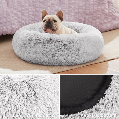 Calming Cat Bed for Indoor Cats, Anti-Anxiety Donut round Dog Bed,Fluffy Faux Fur Washable Pet Bed for Small Medium Dogs and Cats, Grey, 24In