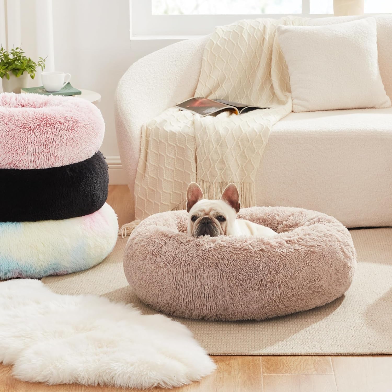 Calming Cat Bed for Indoor Cats, Anti-Anxiety Donut round Dog Bed,Fluffy Faux Fur Washable Pet Bed for Small Medium Dogs and Cats, Grey, 24In