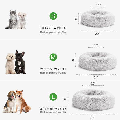 Calming Cat Bed for Indoor Cats, Anti-Anxiety Donut round Dog Bed,Fluffy Faux Fur Washable Pet Bed for Small Medium Dogs and Cats, Grey, 24In