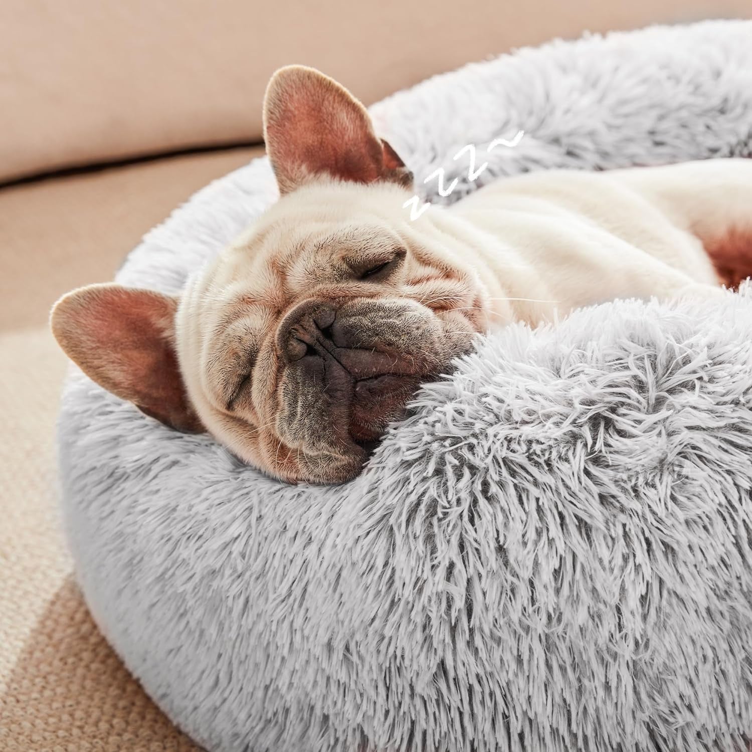 Calming Cat Bed for Indoor Cats, Anti-Anxiety Donut round Dog Bed,Fluffy Faux Fur Washable Pet Bed for Small Medium Dogs and Cats, Grey, 24In