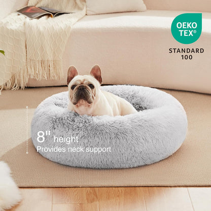Calming Cat Bed for Indoor Cats, Anti-Anxiety Donut round Dog Bed,Fluffy Faux Fur Washable Pet Bed for Small Medium Dogs and Cats, Grey, 24In