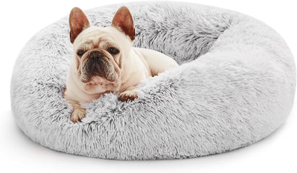 Calming Cat Bed for Indoor Cats, Anti-Anxiety Donut round Dog Bed,Fluffy Faux Fur Washable Pet Bed for Small Medium Dogs and Cats, Grey, 24In