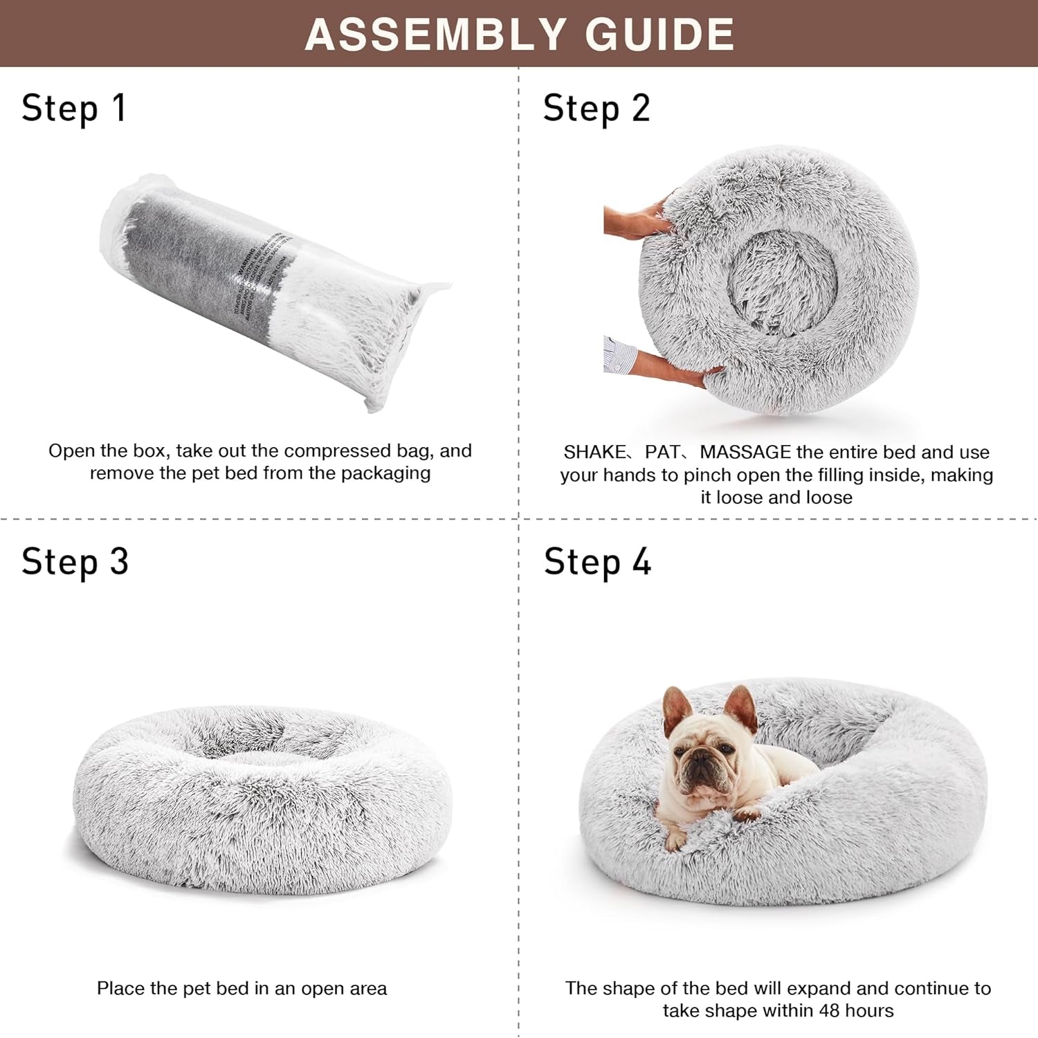 Calming Cat Bed for Indoor Cats, Anti-Anxiety Donut round Dog Bed,Fluffy Faux Fur Washable Pet Bed for Small Medium Dogs and Cats, Grey, 24In